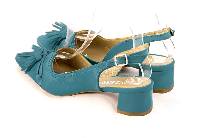 Peacock blue women's open back shoes, with a knot. Tapered toe. Low flare heels. Rear view - Florence KOOIJMAN